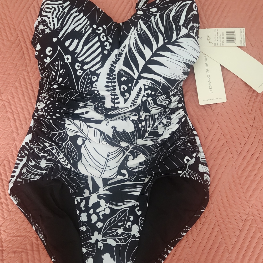 NWT Profile by Gottex Black Marbella D Cup Underwire Tummy Control Sz 8